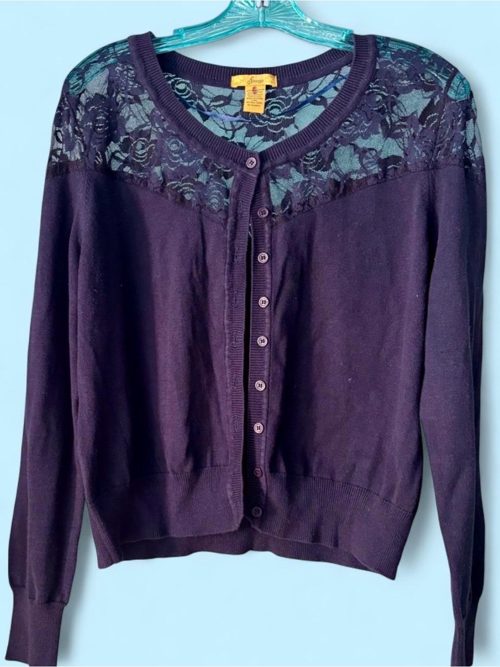 Navy Blue Floral Lace Panel Button Front Cardigan Sweater